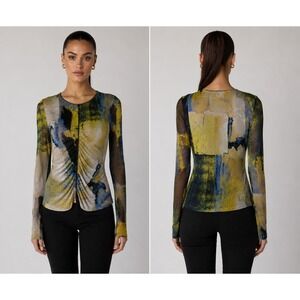 DKNY Abstract Mesh‎ Ruched Top Women S Yellow Blue Puff Sleeve Indie Y2K Artsy